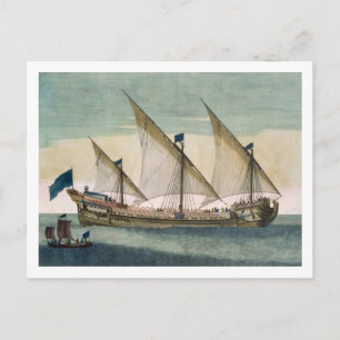 Ein drei-bemastetes Galleass laufend durch Segel, Postkarte