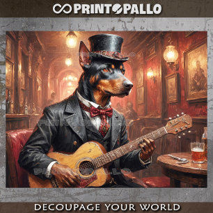 Ein edler Doberman-Hund, der Gitarre in einem Pub  Seidenpapier