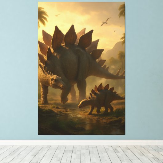 Ein edler, erwachsener Stegosaurus, der seine jung Leinwanddruck (Insitu (Holzboden))