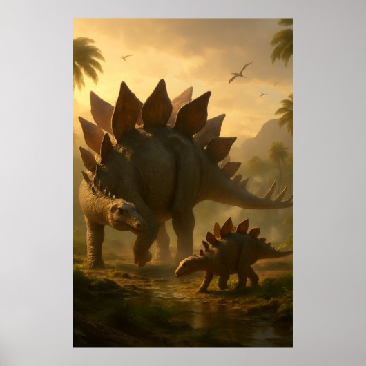 Ein edler, erwachsener Stegosaurus, der seine jung Poster (Vorne)