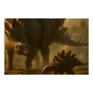 Ein edler, erwachsener Stegosaurus, der seine jung Poster