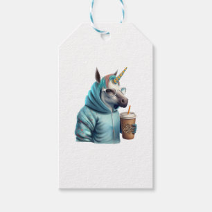 Ein Einhorn mit einer Kapuze trinkt einen Kaffee.  Geschenkanhänger