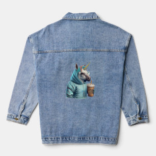 Ein Einhorn mit einer Kapuze trinkt einen Kaffee. Jeansjacke