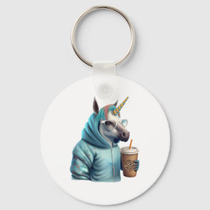 Ein Einhorn mit einer Kapuze trinkt einen Kaffee. Schlüsselanhänger