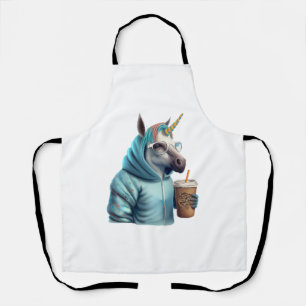 Ein Einhorn mit einer Kapuze trinkt einen Kaffee. Schürze
