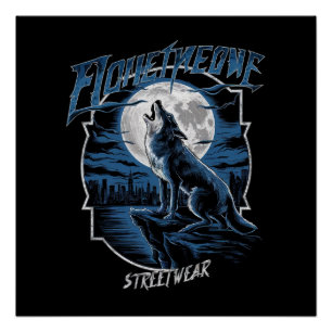 Ein einsamer Wolf, der den Vollmond auf einem fels Poster