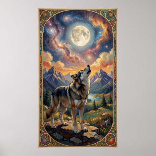 Ein einsamer Wolf heult den Mond an Poster (Vorne)