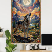 Ein einsamer Wolf heult den Mond an Poster (Heimbüro)