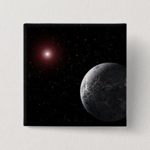 Ein eiskalter, felsiger Planet, der einen dunklen  Button