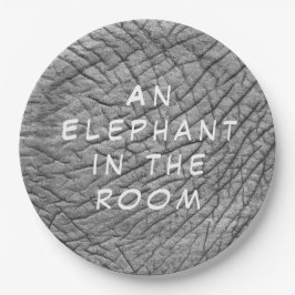 Ein Elefant in einem Foto mit weißem Text auf der Pappteller