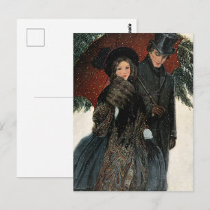 Ein elegant gekleidetes Paar, Regenschirm, Schnee Postkarte