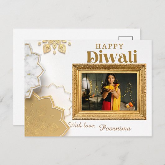 Ein eleganter, weißer und goldener Diwali-Gruß Postkarte (Vorne/Hinten)