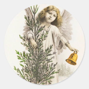 Ein Engel hält eine Weihnachtsglocke Vintage-Feier Runder Aufkleber