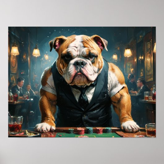 Ein englischer Bulldog als Croupier in einem Casin Poster (Vorne)
