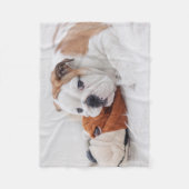 Ein englischer Bulldoggen-Welpe, der mit einer Fleecedecke (Vorderseite)