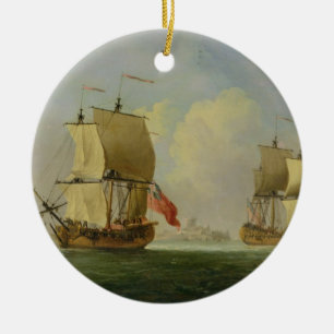 Ein englisches Sloop und eine Fregatte in einer Keramikornament