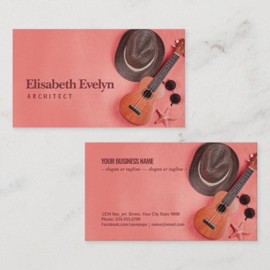 ein erhöhter Blick auf die Ukulele;Sonnenbrillen Visitenkarte (Vorne/Hinten)