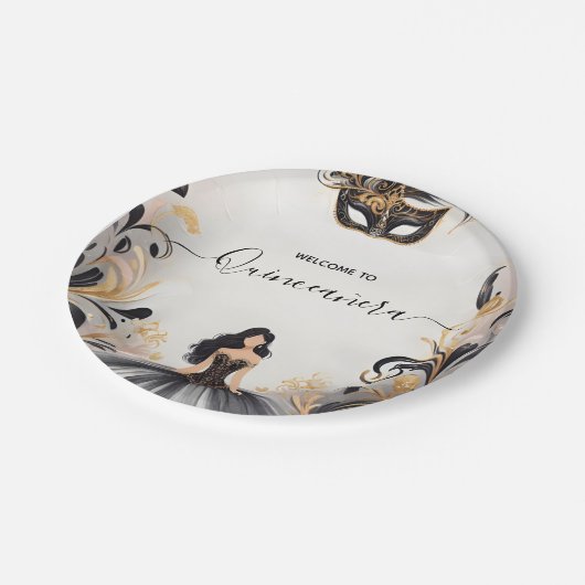 Ein Extravaganter Prom Masquerade Ball Quinceanera Pappteller (Schrägansicht)