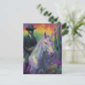 Ein Fantasy-Mensch reitet ein Einhorn Postkarte (Stehend Vorderseite)