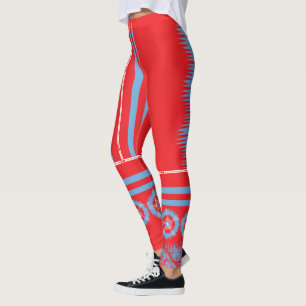 Ein farbenfroh rotes und blaues Muster, umgeben vo Leggings