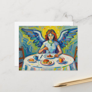 Ein farbenfroher Engel beim Frühstück Postkarte