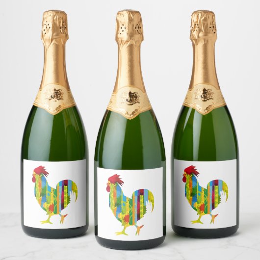 Ein farbenfroher Hahn Schaumweinetikett (Flaschen)