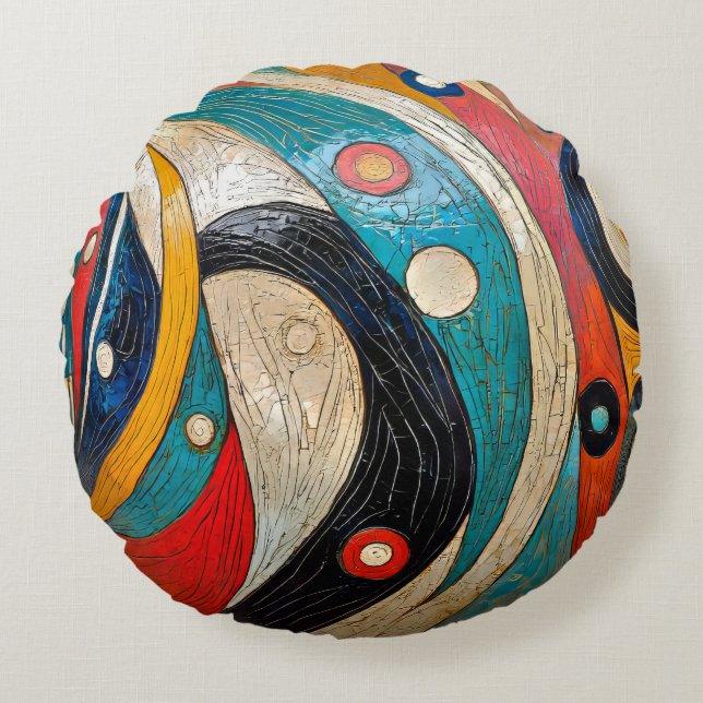 Ein farbenfroher Retro Abstrakt Rundes Kissen (Vorderseite)