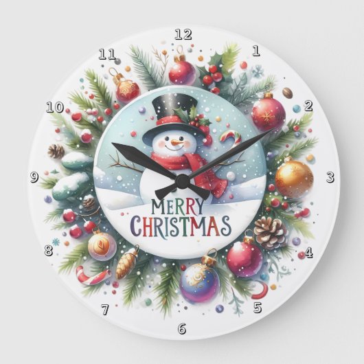 Ein festlicher Schneemann im Kranz Große Wanduhr (Vorderseite)