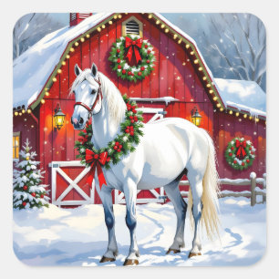 Ein festliches weißes Pferd und Weihnachten auf ei Quadratischer Aufkleber