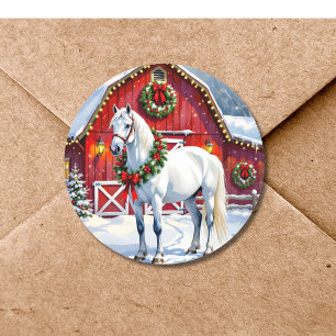 Ein festliches weißes Pferd und Weihnachten auf ei Runder Aufkleber