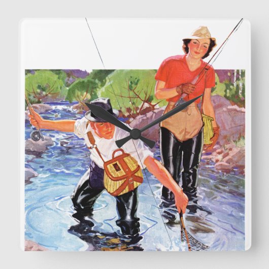 Ein Fisch von R.J. Cavaliere Quadratische Wanduhr (Vorderseite)