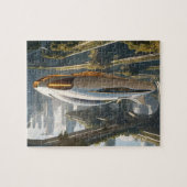 Ein fliegendes Auto in der Stadt der Zukunft. Puzzle (Horizontal)