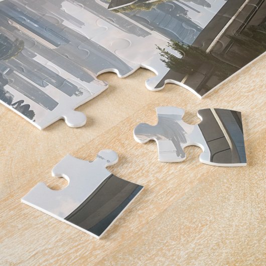 Ein fliegendes Auto in der Stadt der Zukunft. Puzzle (Seite)