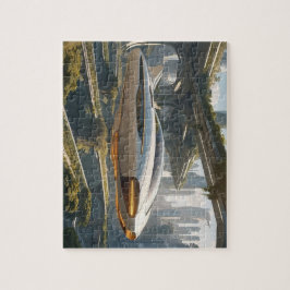 Ein fliegendes Auto in der Stadt der Zukunft. Puzzle