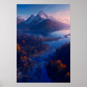 Ein Fluss fließt in einen Landschaftlichen Bergsee Poster