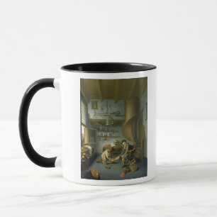 Ein Friseurchirurg, der den Fuß eines Bauers neig Tasse