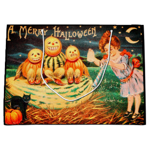 Ein fröhlicher Halloween-Kürbislaternen-Vintage-Gr Große Geschenktüte