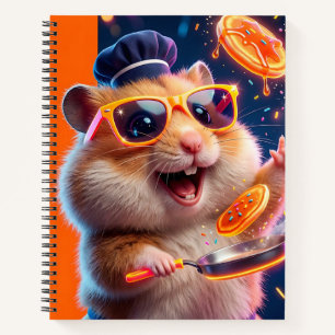 Ein fröhlicher Hamster mit einem blauen Kochhut un Notizblock