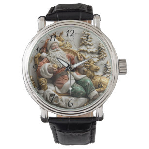 Ein fröhlicher Weihnachtsmann entspannt sich mit s Armbanduhr