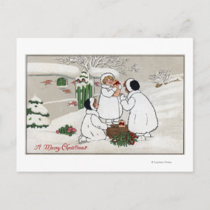 Ein fröhliches ChristmasPeople, das Ferkel hält Feiertagspostkarte