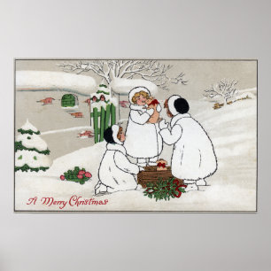 Ein fröhliches ChristmasPeople, das Ferkel hält Poster