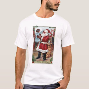 Ein fröhliches ChristmasSanta, das Mädchen im Bl T-Shirt