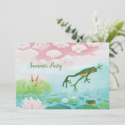 Ein Frosch springt in das Party des Teichsommers Einladung (Stehend Vorderseite)