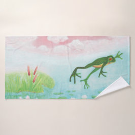 Ein Frosch springt in die Teichillustration Badehandtuch