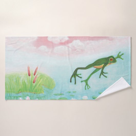 Ein Frosch springt in die Teichillustration Badehandtuch (Badehandtuch)