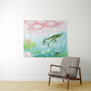 Ein Frosch springt in die Teichillustration Wandteppich
