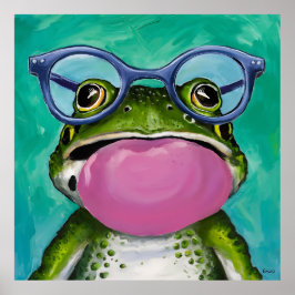 Ein Frosch trägt eine Brille und bläst eine rosa B Poster