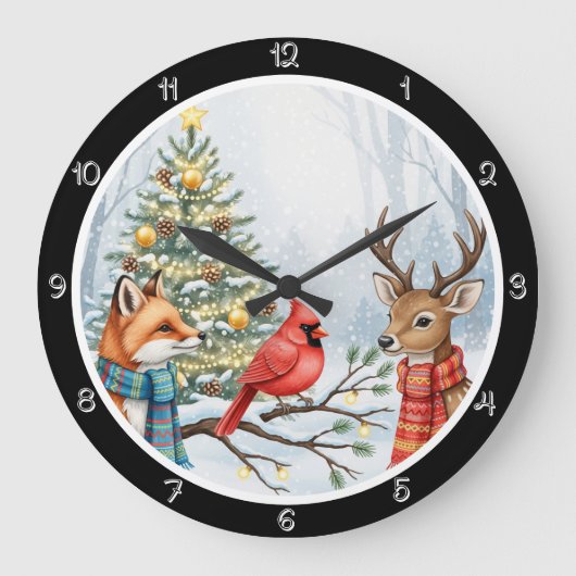 Ein Fuchs, Hirsch und Kardinal Weihnachten Große Wanduhr (Vorderseite)