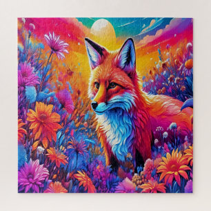 Ein Fuchs in einem farbenfrohen Feld von Blume. Puzzle