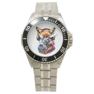 Ein Fuchs in Kopfhörern und Brillen Armbanduhr